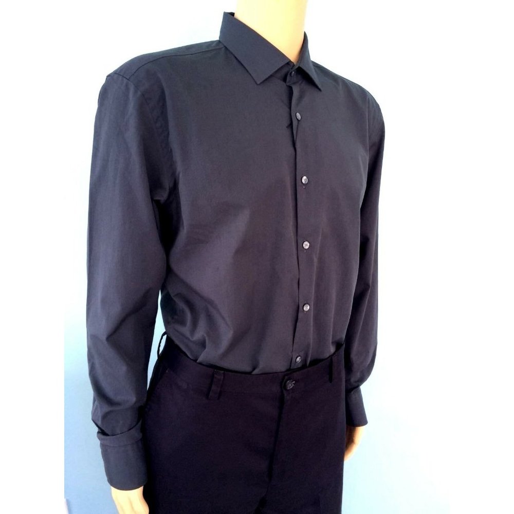 NWT Hugo Boss Mens Shirt Charcoal Gray Cotton Button Slim Fit Classic 43 17 - Picture 3 of 12